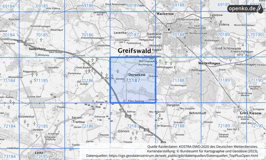 Übersichtskarte des KOSTRA-DWD-2020-Rasterfeldes Nr. 71187