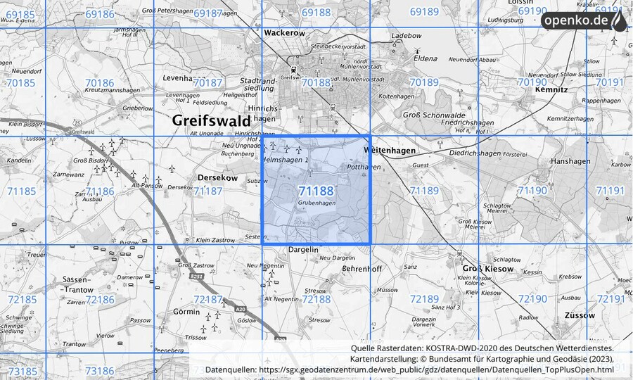 Übersichtskarte des KOSTRA-DWD-2020-Rasterfeldes Nr. 71188