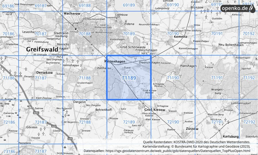Übersichtskarte des KOSTRA-DWD-2020-Rasterfeldes Nr. 71189