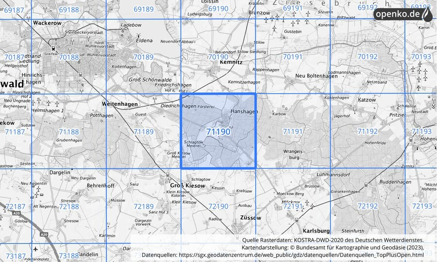Übersichtskarte des KOSTRA-DWD-2020-Rasterfeldes Nr. 71190