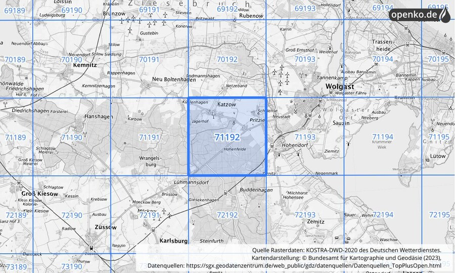 Übersichtskarte des KOSTRA-DWD-2020-Rasterfeldes Nr. 71192