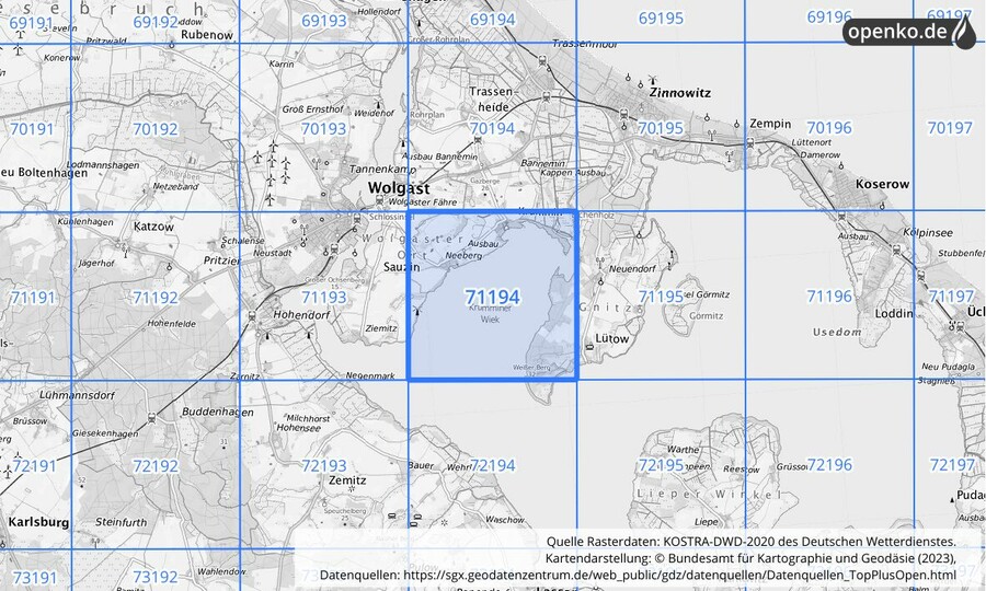 Übersichtskarte des KOSTRA-DWD-2020-Rasterfeldes Nr. 71194