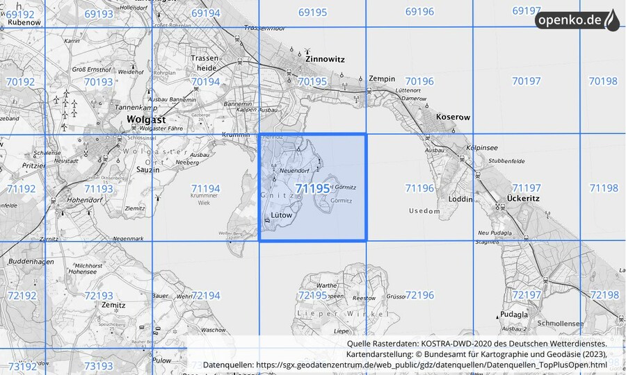 Übersichtskarte des KOSTRA-DWD-2020-Rasterfeldes Nr. 71195