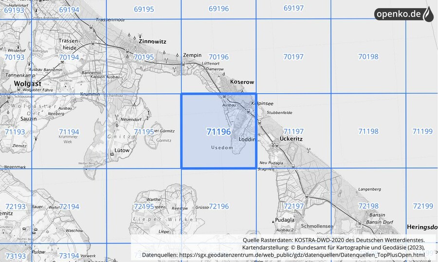 Übersichtskarte des KOSTRA-DWD-2020-Rasterfeldes Nr. 71196