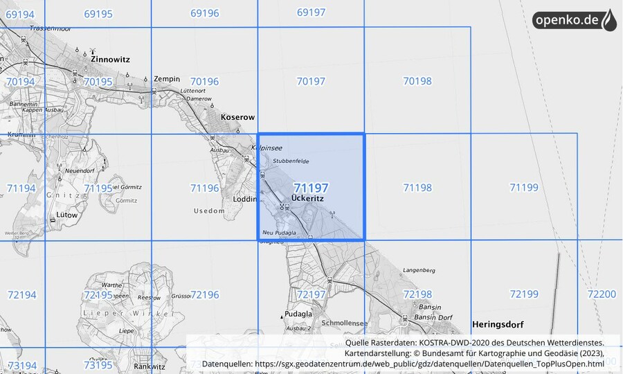 Übersichtskarte des KOSTRA-DWD-2020-Rasterfeldes Nr. 71197