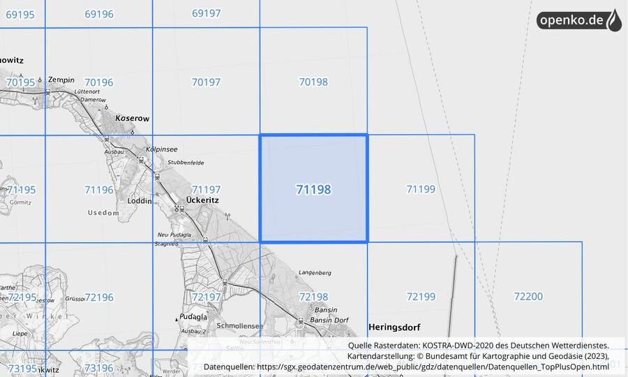 Übersichtskarte des KOSTRA-DWD-2020-Rasterfeldes Nr. 71198