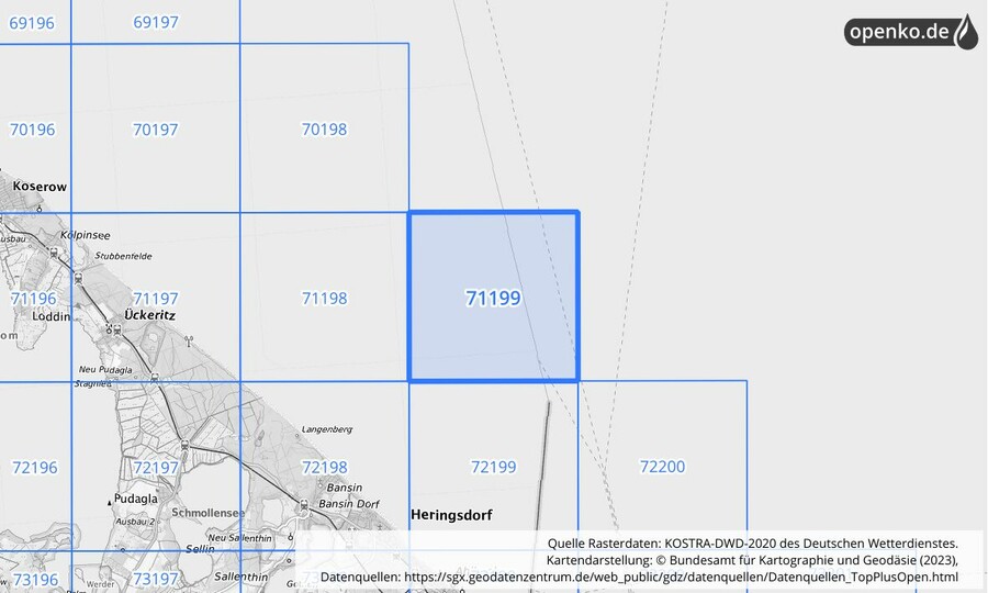 Übersichtskarte des KOSTRA-DWD-2020-Rasterfeldes Nr. 71199