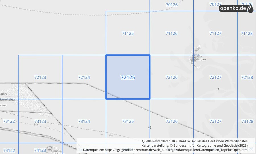 Übersichtskarte des KOSTRA-DWD-2020-Rasterfeldes Nr. 72125