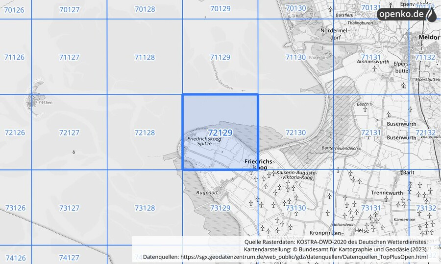 Übersichtskarte des KOSTRA-DWD-2020-Rasterfeldes Nr. 72129