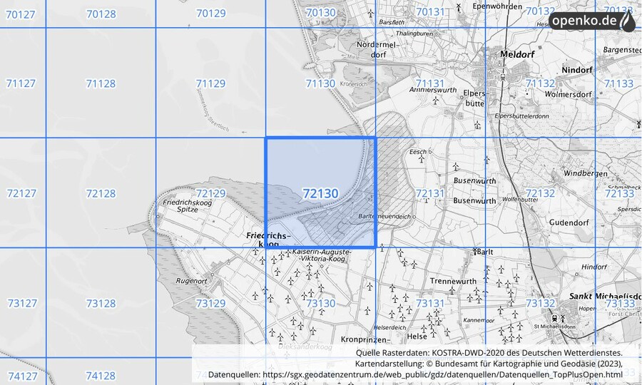 Übersichtskarte des KOSTRA-DWD-2020-Rasterfeldes Nr. 72130