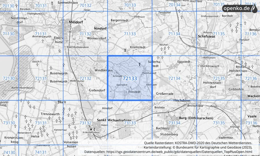 Übersichtskarte des KOSTRA-DWD-2020-Rasterfeldes Nr. 72133