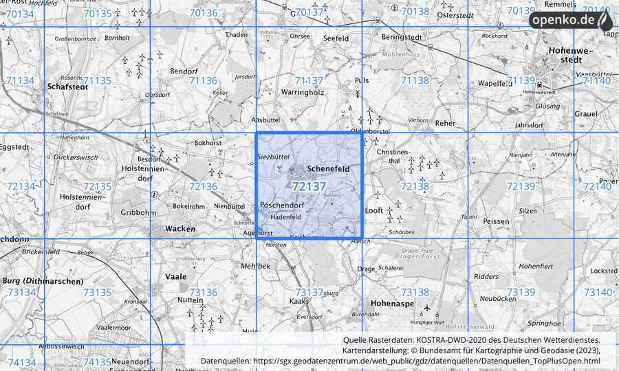 Übersichtskarte des KOSTRA-DWD-2020-Rasterfeldes Nr. 72137