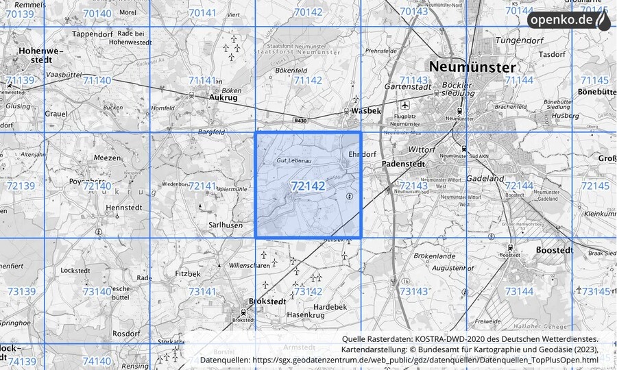 Übersichtskarte des KOSTRA-DWD-2020-Rasterfeldes Nr. 72142