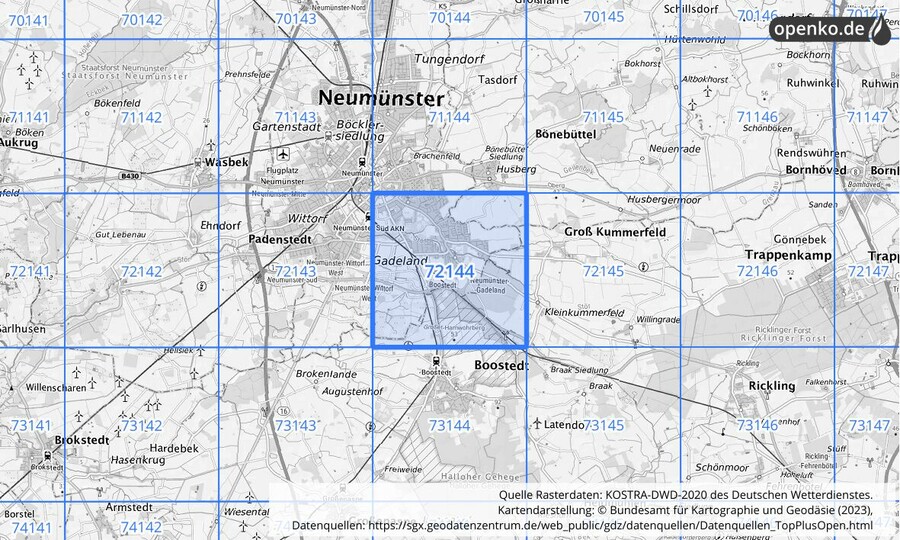 Übersichtskarte des KOSTRA-DWD-2020-Rasterfeldes Nr. 72144