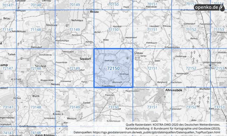 Übersichtskarte des KOSTRA-DWD-2020-Rasterfeldes Nr. 72150