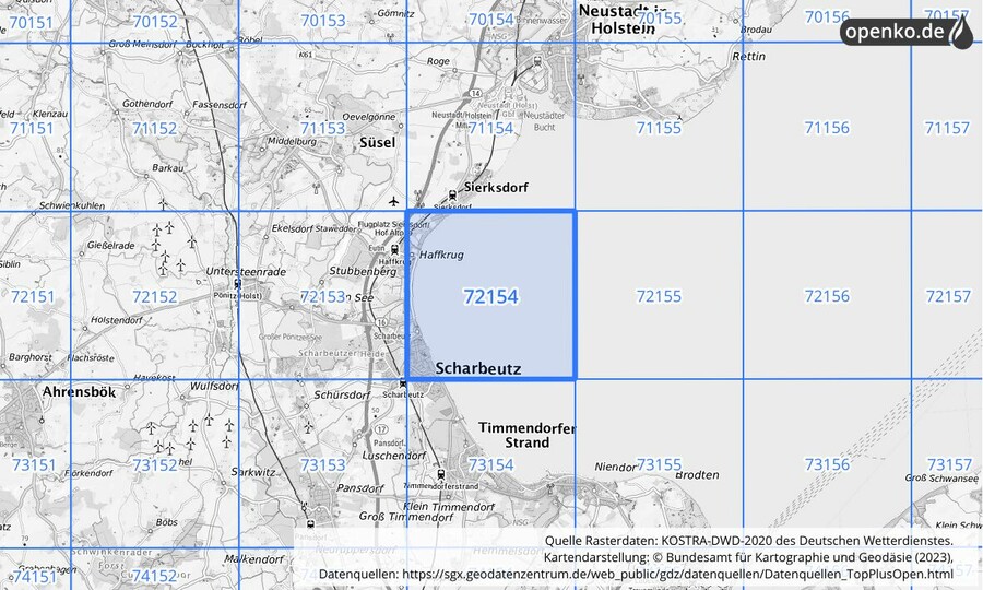 Übersichtskarte des KOSTRA-DWD-2020-Rasterfeldes Nr. 72154