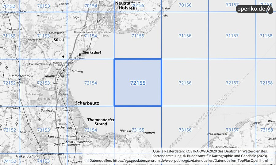 Übersichtskarte des KOSTRA-DWD-2020-Rasterfeldes Nr. 72155