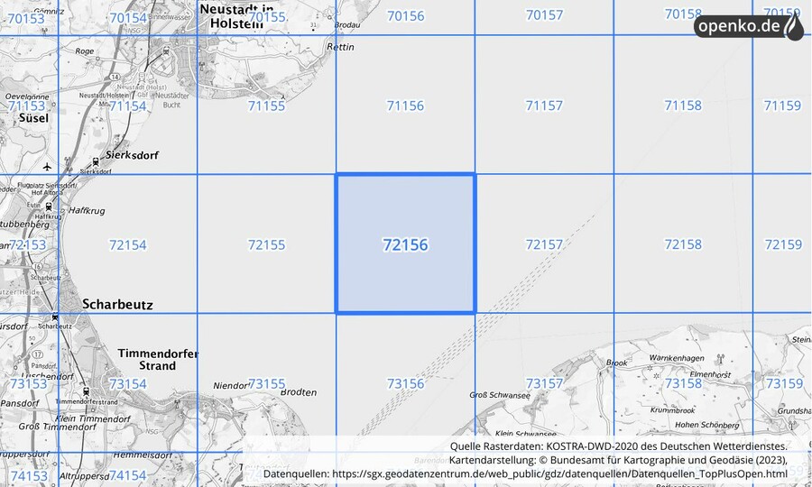 Übersichtskarte des KOSTRA-DWD-2020-Rasterfeldes Nr. 72156