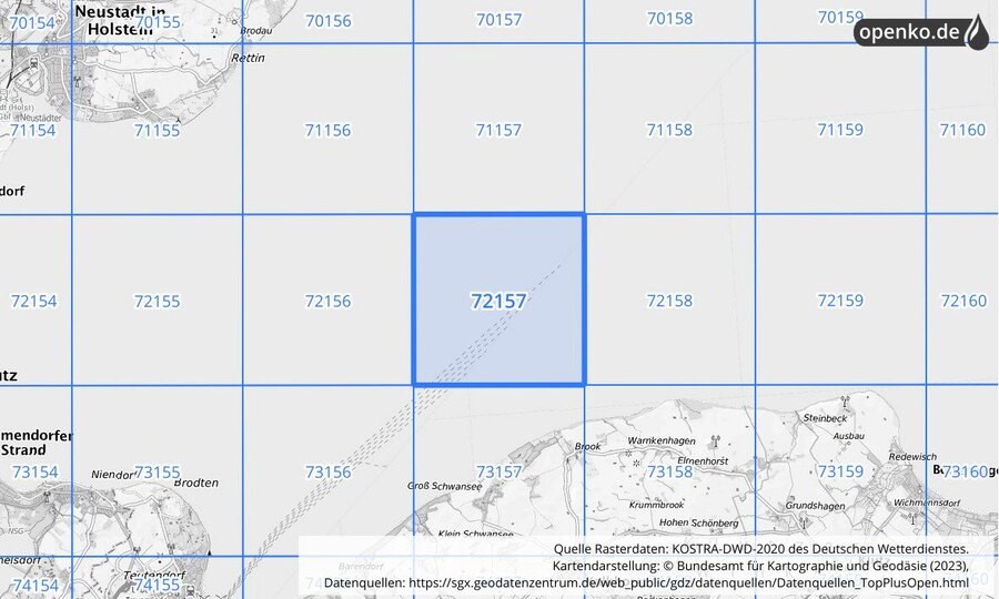 Übersichtskarte des KOSTRA-DWD-2020-Rasterfeldes Nr. 72157