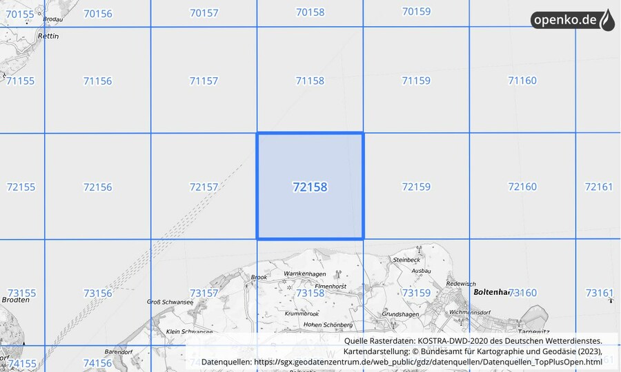 Übersichtskarte des KOSTRA-DWD-2020-Rasterfeldes Nr. 72158