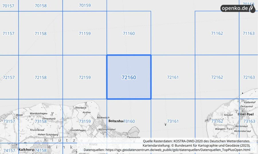 Übersichtskarte des KOSTRA-DWD-2020-Rasterfeldes Nr. 72160
