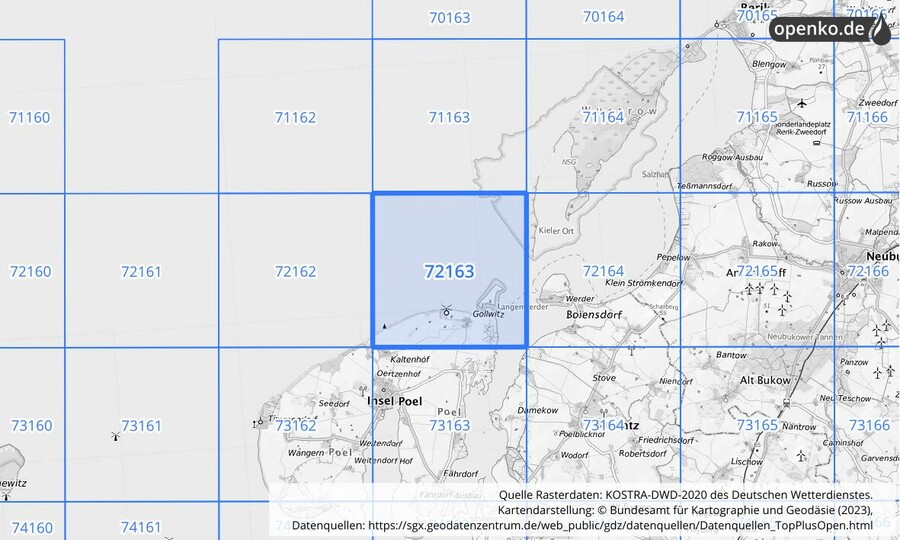 Übersichtskarte des KOSTRA-DWD-2020-Rasterfeldes Nr. 72163