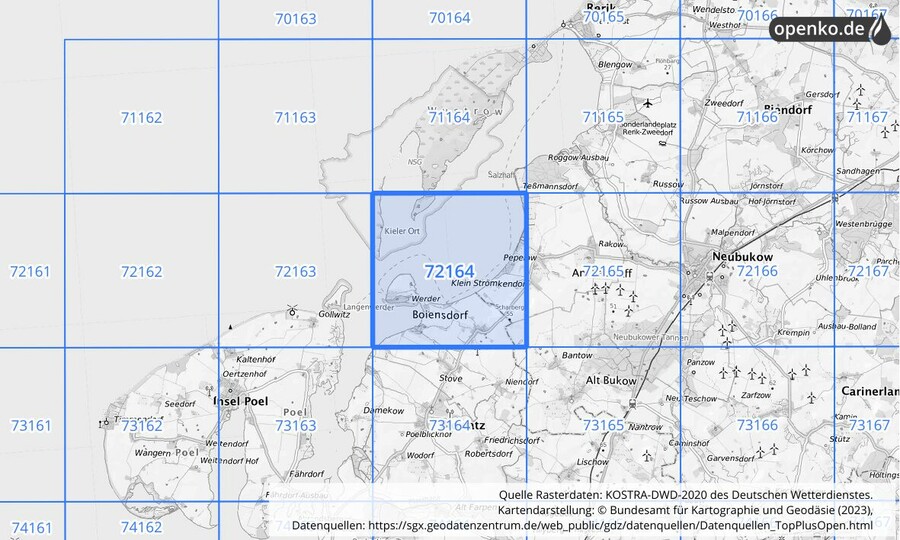 Übersichtskarte des KOSTRA-DWD-2020-Rasterfeldes Nr. 72164