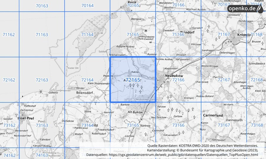 Übersichtskarte des KOSTRA-DWD-2020-Rasterfeldes Nr. 72165