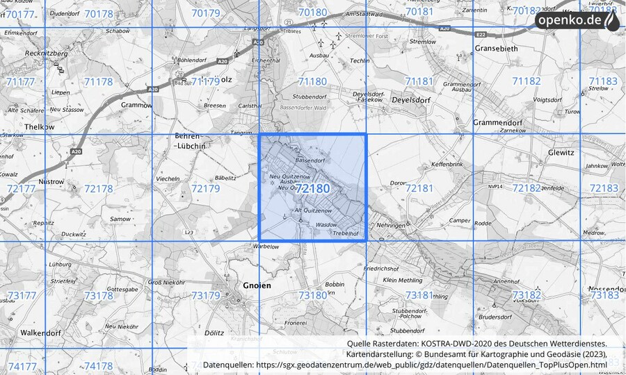 Übersichtskarte des KOSTRA-DWD-2020-Rasterfeldes Nr. 72180