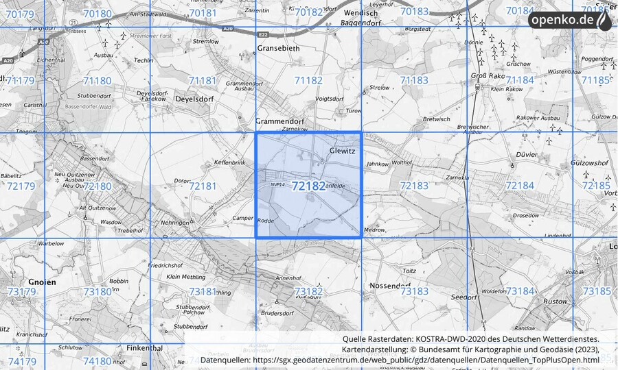 Übersichtskarte des KOSTRA-DWD-2020-Rasterfeldes Nr. 72182