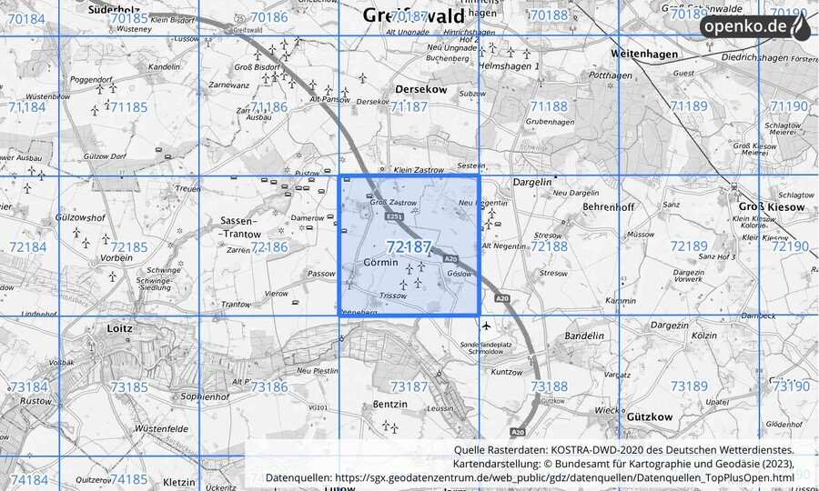 Übersichtskarte des KOSTRA-DWD-2020-Rasterfeldes Nr. 72187