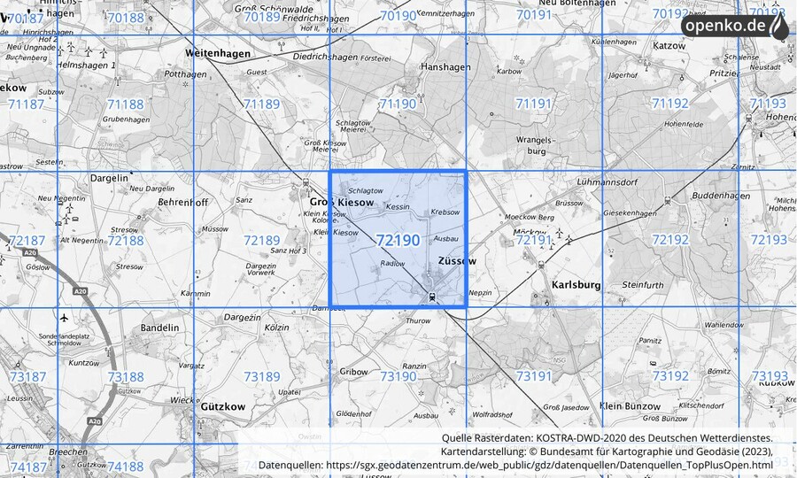 Übersichtskarte des KOSTRA-DWD-2020-Rasterfeldes Nr. 72190