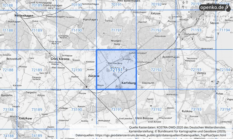 Übersichtskarte des KOSTRA-DWD-2020-Rasterfeldes Nr. 72191