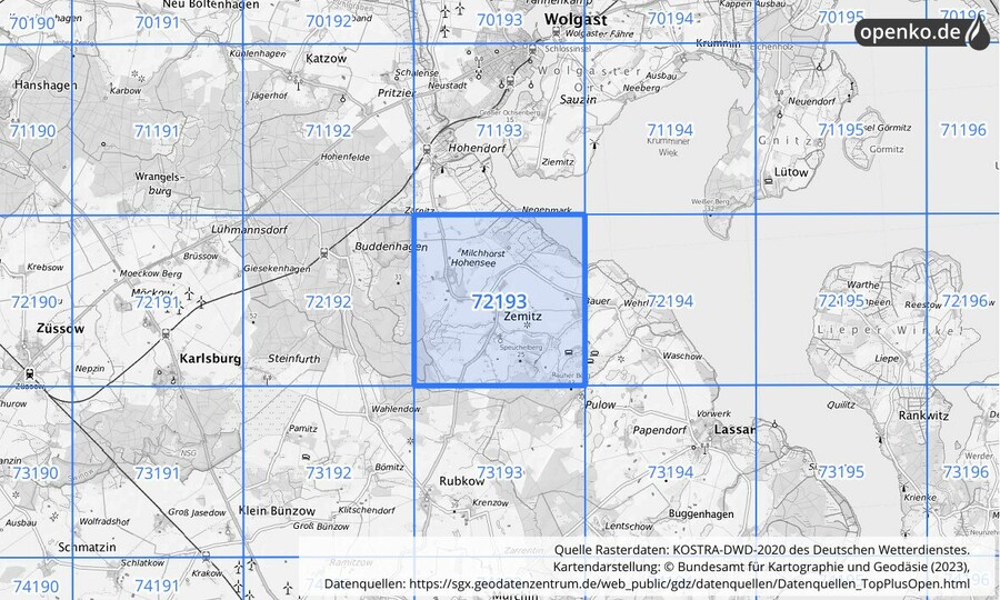 Übersichtskarte des KOSTRA-DWD-2020-Rasterfeldes Nr. 72193