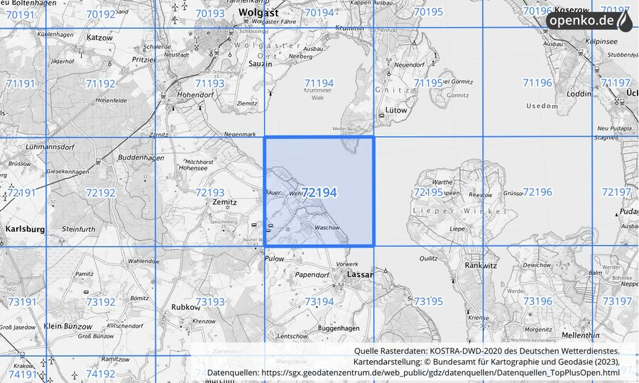 Übersichtskarte des KOSTRA-DWD-2020-Rasterfeldes Nr. 72194