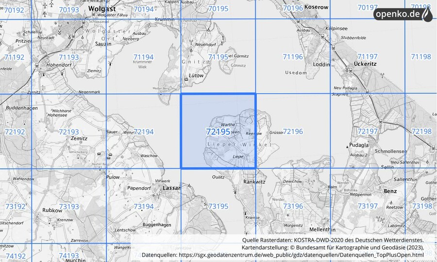 Übersichtskarte des KOSTRA-DWD-2020-Rasterfeldes Nr. 72195