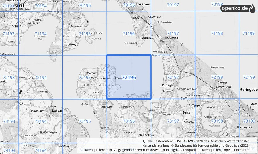 Übersichtskarte des KOSTRA-DWD-2020-Rasterfeldes Nr. 72196