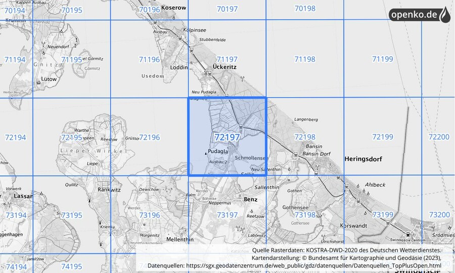 Übersichtskarte des KOSTRA-DWD-2020-Rasterfeldes Nr. 72197