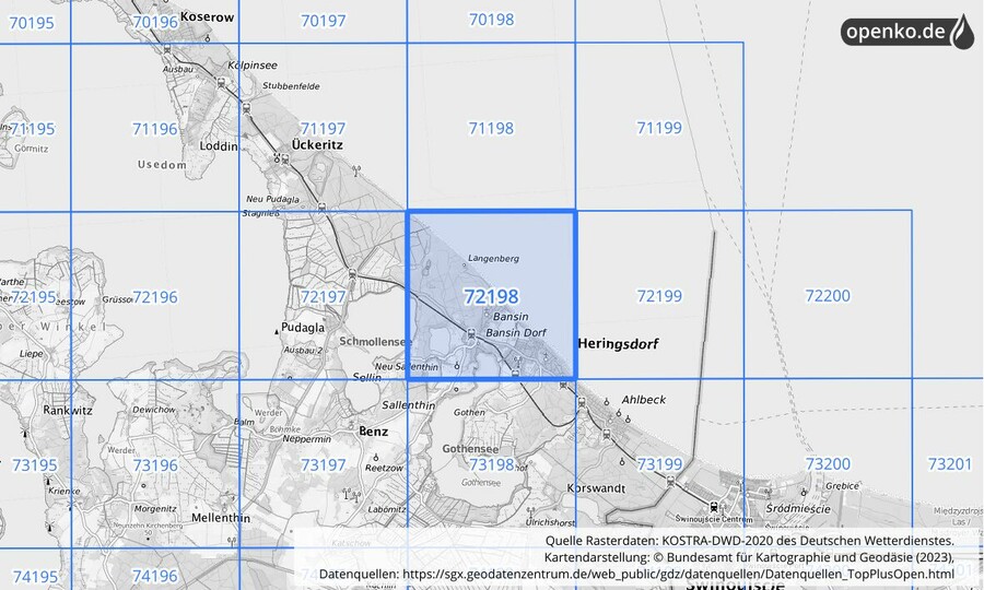 Übersichtskarte des KOSTRA-DWD-2020-Rasterfeldes Nr. 72198