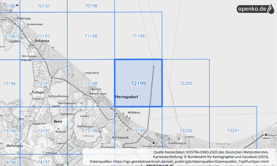 Übersichtskarte des KOSTRA-DWD-2020-Rasterfeldes Nr. 72199