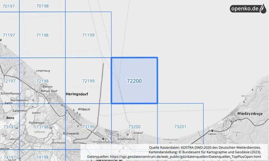 Übersichtskarte des KOSTRA-DWD-2020-Rasterfeldes Nr. 72200