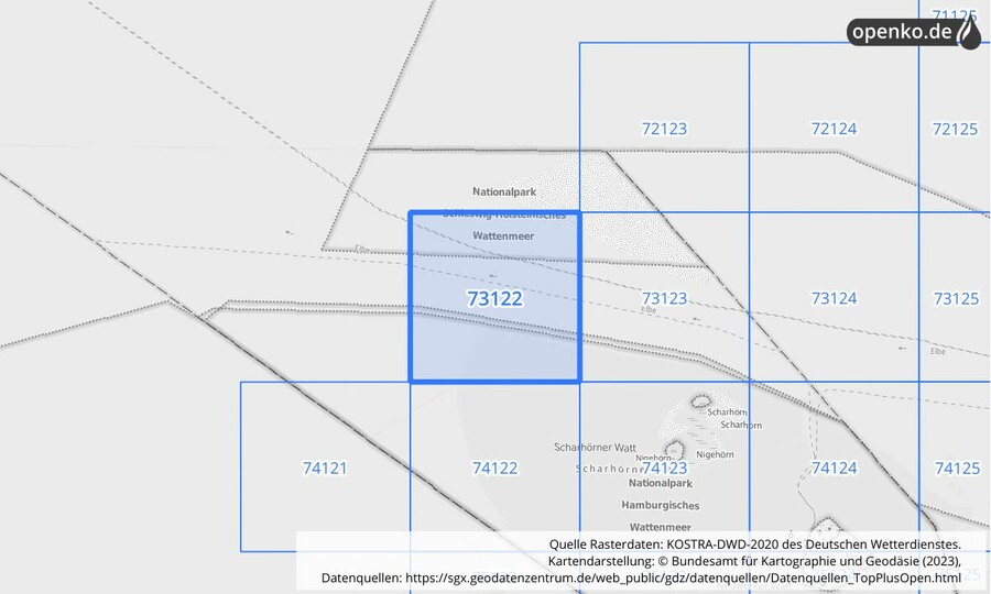 Übersichtskarte des KOSTRA-DWD-2020-Rasterfeldes Nr. 73122