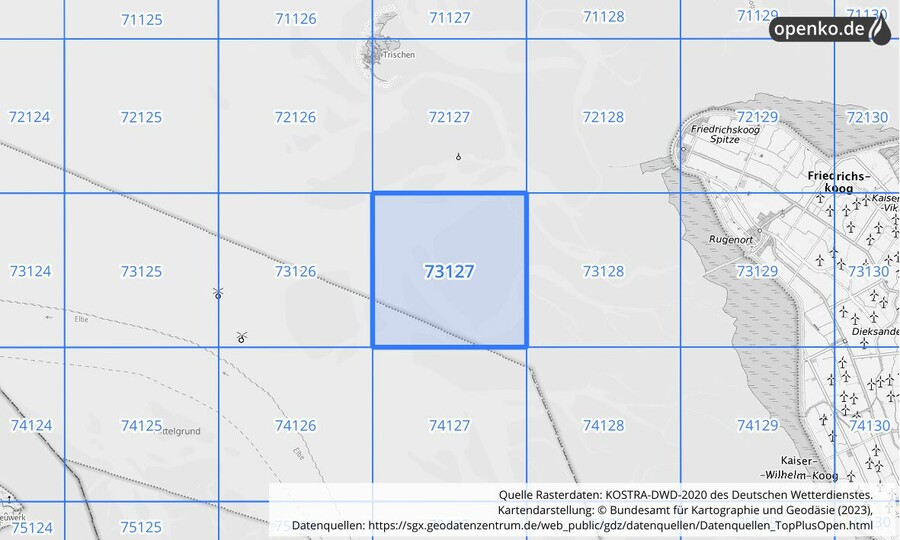 Übersichtskarte des KOSTRA-DWD-2020-Rasterfeldes Nr. 73127