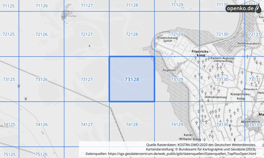 Übersichtskarte des KOSTRA-DWD-2020-Rasterfeldes Nr. 73128