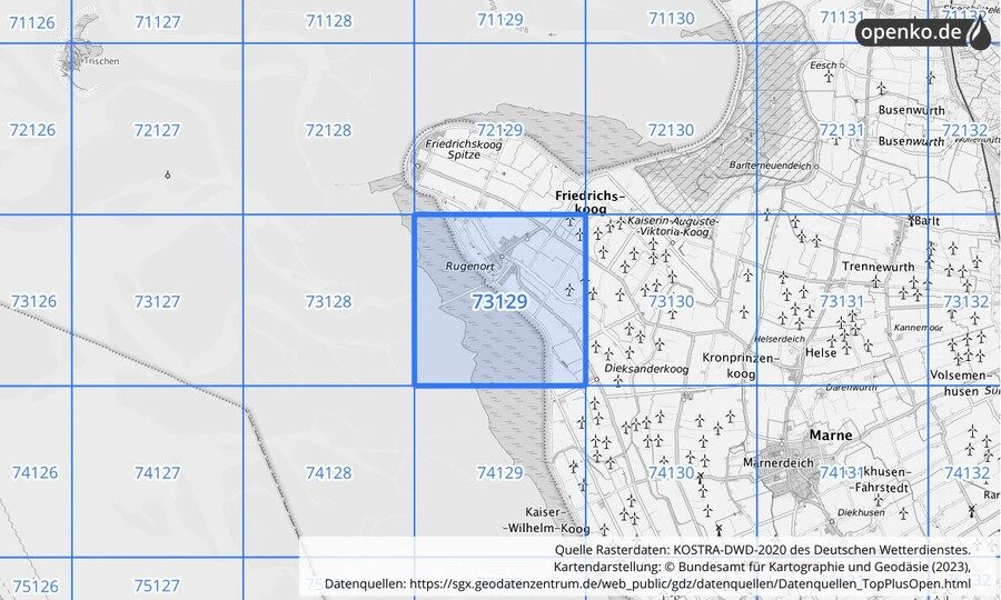 Übersichtskarte des KOSTRA-DWD-2020-Rasterfeldes Nr. 73129