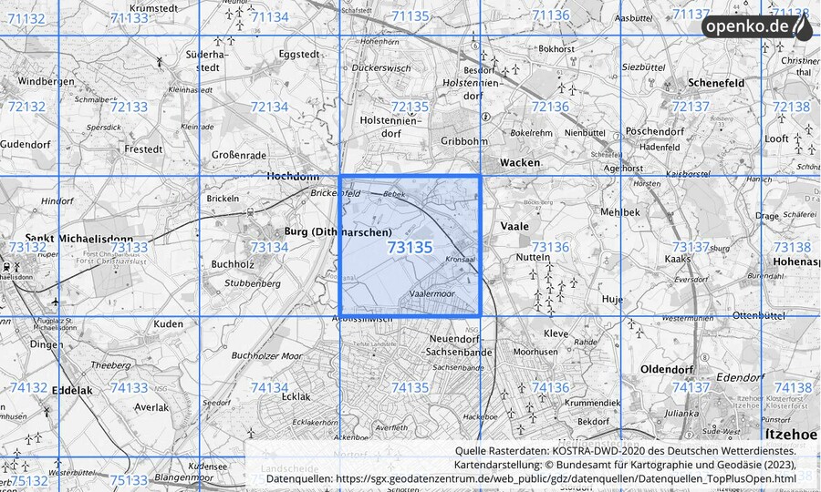 Übersichtskarte des KOSTRA-DWD-2020-Rasterfeldes Nr. 73135