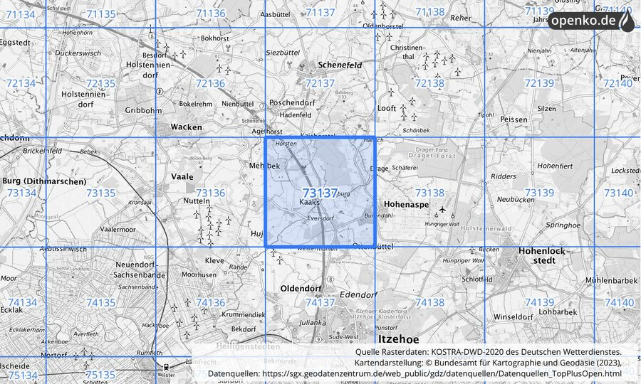 Übersichtskarte des KOSTRA-DWD-2020-Rasterfeldes Nr. 73137