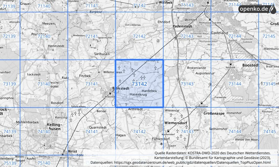Übersichtskarte des KOSTRA-DWD-2020-Rasterfeldes Nr. 73142