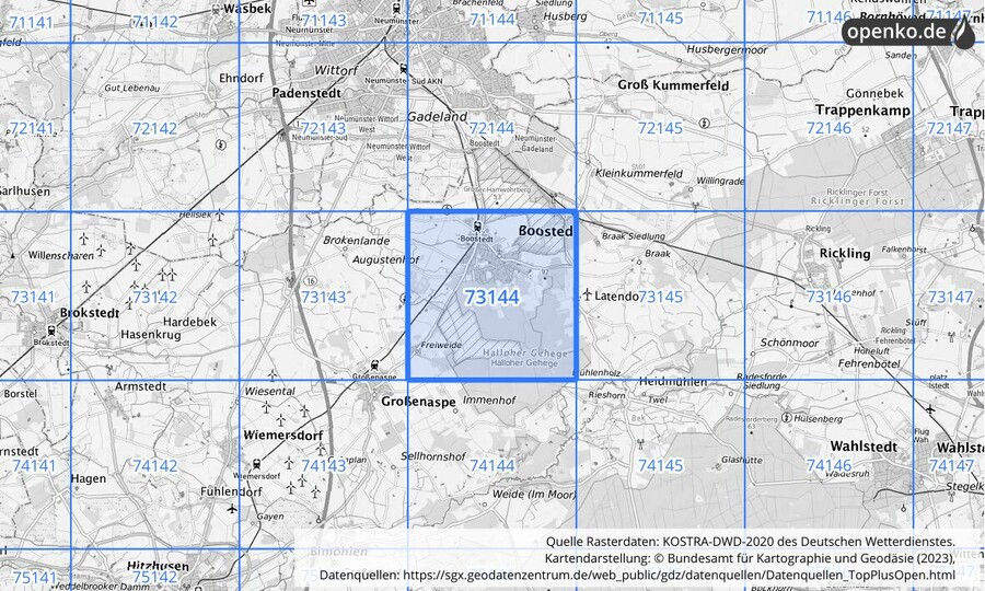 Übersichtskarte des KOSTRA-DWD-2020-Rasterfeldes Nr. 73144