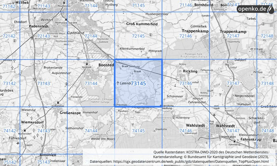 Übersichtskarte des KOSTRA-DWD-2020-Rasterfeldes Nr. 73145